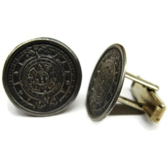 Vintage 925 Hecho en Mexico Mayan Calendar Cuff Link Shirt Tux Cufflinks ECHI - Picture 5 of 10